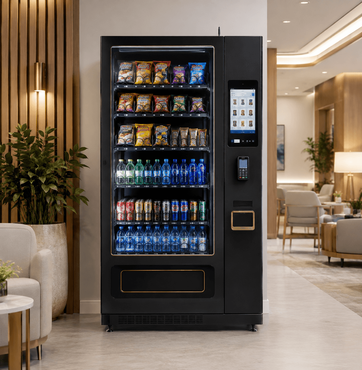 NEXA combo vending machine with gold trim in a hotel lobby