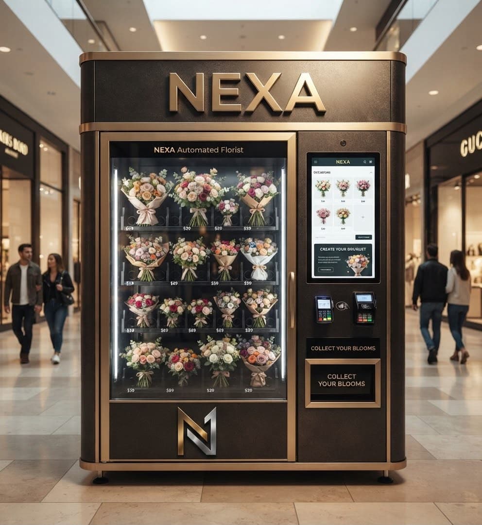 NEXA Automated Florist vending machine with fresh bouquets in a shopping centre